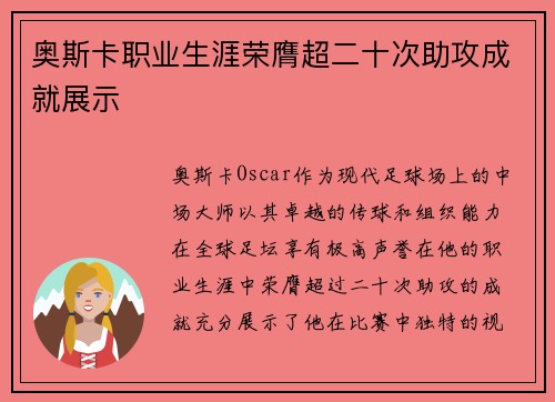 奥斯卡职业生涯荣膺超二十次助攻成就展示